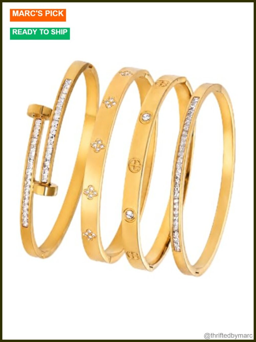 Gold Plated Stainless Steel Bangle Set 4 Pc Stackable CZ Bracelets